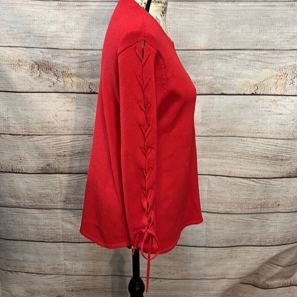 Ball of Cotton Lightweight Sweater Lace Up 3/4 Sleeves Red Size Small - Picture 4 of 7